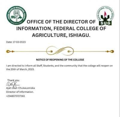 FCA Ishiagu SUG notice on resumption date