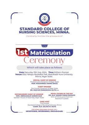 Standard College of Nursing Sciences, Minna announces 1st Matriculation Ceremony