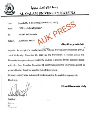 Al-Qalam University notice on closure of school