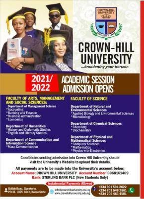 CrownHill University Post-UTME 2021: cut-off mark, eligibility and registration details