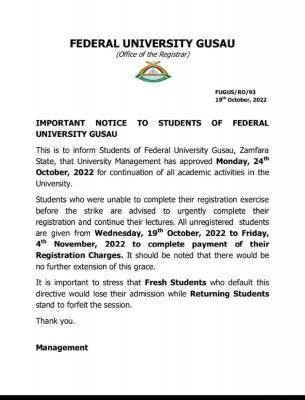 FUGUSAU announces resumption of academic activities