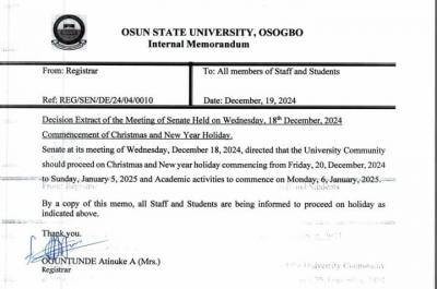 UNIOSUN notice of Christmas and New Year break