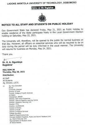 LAUTECH announces public holiday due to LG election