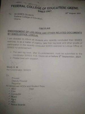 FCE, Okene notice to SIWES students on log book endorsement