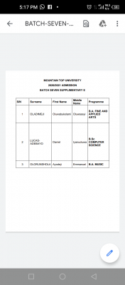 Mountain Top University batch 7 supplementary (5) admission list, 2020/2021