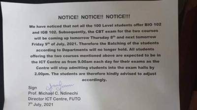 FUTO notice to year 1 students on rescheduled GST exams.