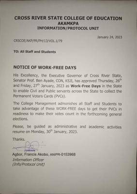 Cross River State College of Education announces work-free days