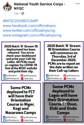 NYSC notice to prospective corps members