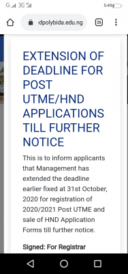 FEDPOLY bida extends post utme registration deadline for 2020/2021 session