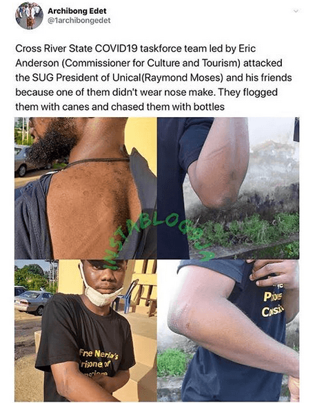 UNICAL SUG President Flogged and Chased with Bottles by COVID-19 Taskforce Team in Calabar