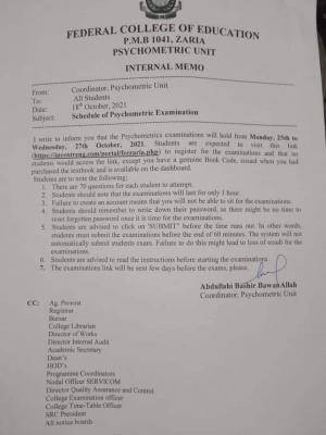 FCE, Zaria psychometric exam schedule