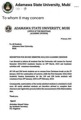 ADSU announces date for second semester 2022/2023 resumption