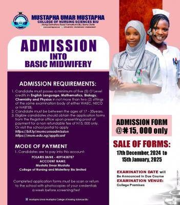 Mustafa Umar Mustafa College of Nursing Sciences releases Basic Midwifery form, 2025/2026