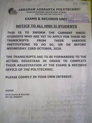 Abraham Adesanya Polytechnic notice to HND II students