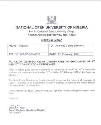 NOUN notice on distribution of certificates to 9th and 10th convocation graduates