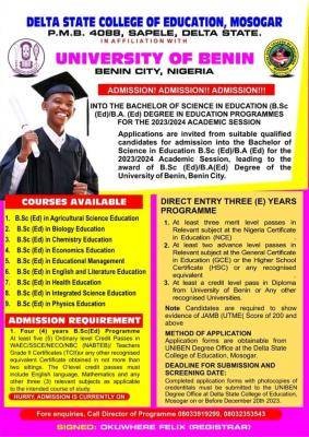 DESCOEM affiliated to UNIBEN admission form, 2023/2024