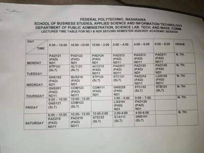 Fedpoly Nasarawa 2nd semester lecture timetable, 2020/2021