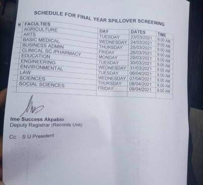 UNIUYO notice on final year spillover screening schedule