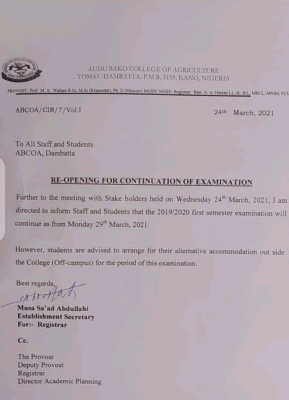 Audu Bako College Of Agriculture, Kano notice on continuation of exam