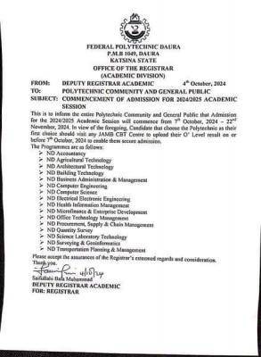 Federal Polytechnic Daura Commencement of Admission for 2024/2025