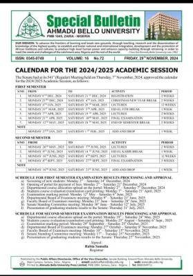 ABU Zaria releases academic calendar for 2024/2025 academic session