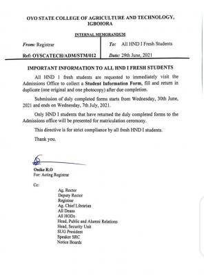 OYSCATECH notice to all fresh HND I students