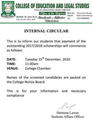 College of Education and Legal Studies, Yobe notice on payment outstanding scholarships