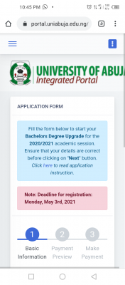 UNIABUJA Bachelors Degree Upgrade form, 2020/2021