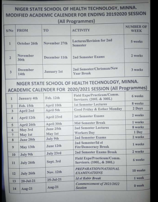 Niger State School of Health Technology academic calendar for 2019/2020 and 2020/2021 sessions