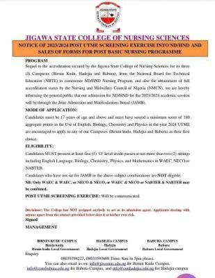 Jigawa College of Nursing Sciences admission into ND/HND & Post Basic Nursing, 2023/2024