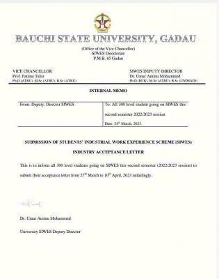 BASUG notice to 300L SIWES students