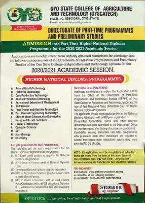 OYSCATECH HND Part-time admission form for 2020/2021 session