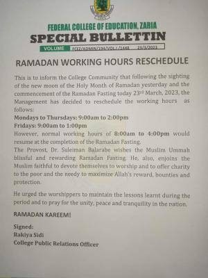 FCE Zaria notice on working hours during the Ramadan period