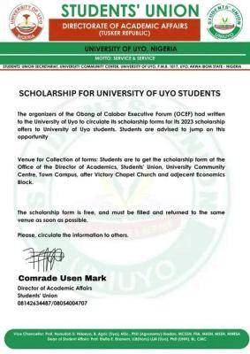 UNIUYO SUG notice to students on scholarship scheme