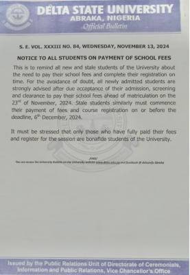 DELSU issues important notice to students on payment of school fees