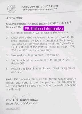 UNIBEN Faculty of Education online registration begins for full time students