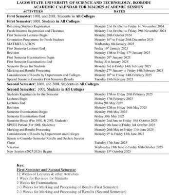 LASUSTECH approved academic calendar for 2024/2025 session