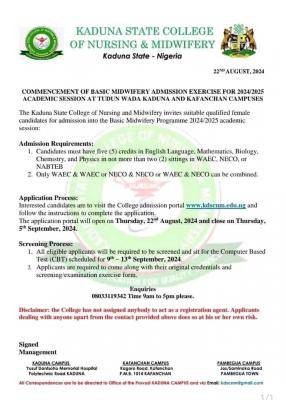 Kaduna College of Nursing & Midwifery releases Basic Midwifery form, 2024/2025