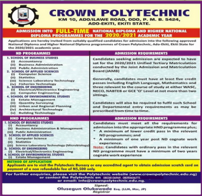 Crown Polytechnic admissison for 2020/2021 session