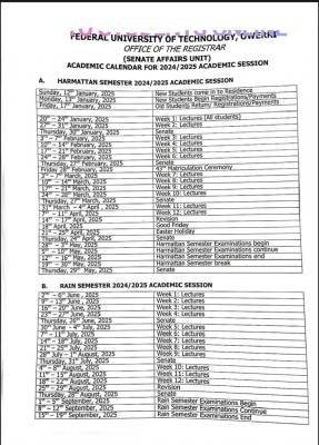 FUTO releases academic calendar, 2024/2025