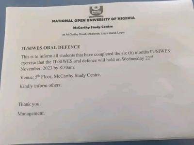 NOUN McCarthy Study Centre notice on IT/SIWES Oral Defense