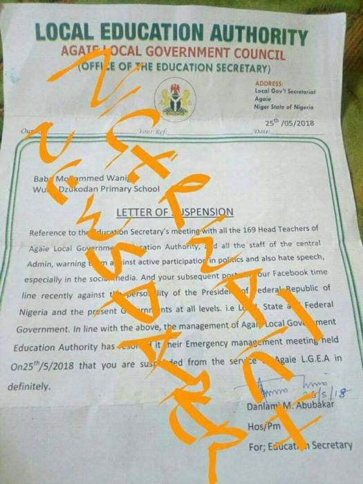 School Teacher Suspended In Niger State Over Facebook Post Against Buhari