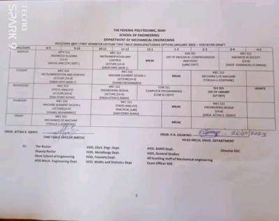 Federal Poly Idah first semester lecture timetable, 2023/2024 session