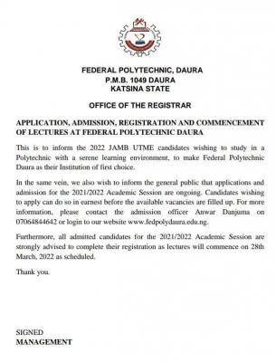 Federal Polytechnic Daura notice on commencement of lectures