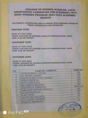 College of Nursing Science, Lafia shortlisted candidates for screening into Basic Nursing, 2023/2024