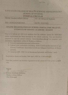 Kano State College of Health Science and Technology new students' registration for 2020/2021