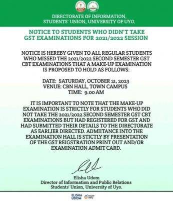 UNIUYO SUG notice to students who missed the 2021/2022 second semester GST CBT examinations