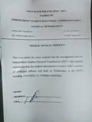 OSPOLY notice on SRC principal officers Election date