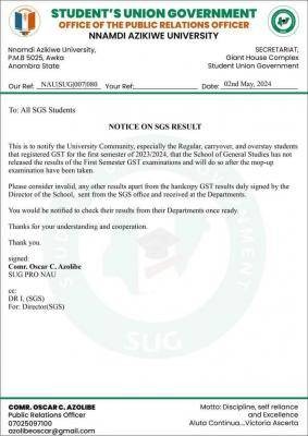 UNIZIK SUG notice on SGS results