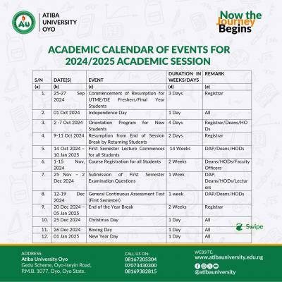 Atiba University announces updated academic calendar for 2024/2025 session